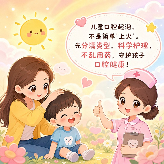 儿童科普漫画第九格结尾，温和卡通风格，温馨治愈场景，画面左侧年轻宝妈温柔地抚摸着小朋友的头，小朋友露出开心的笑容，宝妈脸上也带着放心的微笑，画面右侧穿粉色护士服的可爱护士姐姐竖起大拇指，旁边有总结台词气泡写着"儿童口腔起泡，不是简单'上火'。先分清类型，科学护理，不乱用药，守护孩子口腔健康！"，背景是温暖的阳光和柔和的云朵，整体色调温馨治愈，马卡龙色系，给人安心的感觉
