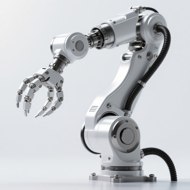 高精细度3D渲染的工业机械臂，主体为银白色金属材质，表面呈现光滑的金属光泽与细腻的磨砂质感结合，关节处有精密的螺栓和连接结构，机械臂呈现优雅的弯曲姿态，末端为多爪式机械手，黑色的管线从底座延伸至臂部，整体造型具有强烈的科技感和工业美学，光线从左上方照射，在机械臂表面形成清晰的高光和柔和的阴影，背景为纯白色，突出机械臂的主体地位，细节丰富，结构清晰，展现出机械的精密与力量感。预览效果