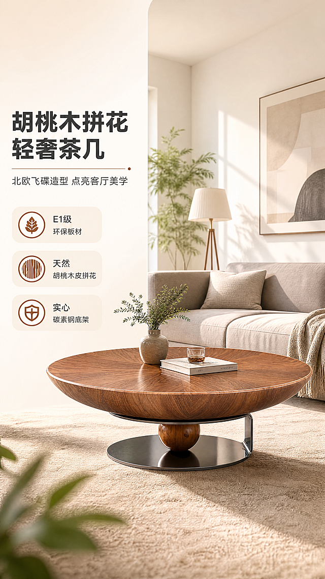 [商品] 使用【图1】DC-8850圆形茶几；保留飞碟造型、胡桃木拼花纹理、实心碳素钢底架、中间木球装饰、整体比例和颜色；增强木纹拼花质感与金属底架光泽，不改变产品结构与造型。
[画面] 目标：轻奢北欧客厅头图，建立产品高级第一印象。左文右景构图，左侧约1/3竖列文案区，右侧2/3为客厅大场景；茶几置于画面中心偏右，产品占画面约50%；前中后景三层：前景浅米色地毯+茶几，中景浅灰色布艺沙发+落地灯，后景白色墙面+简约装饰画+绿植；午后暖自然光从左侧窗户洒入，营造温馨明亮氛围。
[视觉] 套系策略：风格=现代轻奢北欧商业摄影；标题字=现代无衬线粗体；正文字=简洁无衬线体；主色=暖米白；背景延展=基于暖米白做深浅层级、同色渐变和细腻哑光质感；强调色=胡桃木棕，仅用于小面积图标、引线和标签；标题色=深炭灰；正文色=中暖灰；组件=圆角浅底信息卡、细线引线、圆形icon；光影=左前侧暖柔光，自然窗影。
[文字] 左侧竖列：主标题"胡桃木拼花 轻奢茶几"，副标题"北欧飞碟造型 点亮客厅美学"，3条亮点"E1级环保板材""天然胡桃木皮拼花""实心碳素钢底架"；文字不遮挡茶几主体，移动端清晰可读。
[规格] 图片比例9:16竖版，4K，避免变形、错字、文字过小、冷蓝背景、产品颜色改变、结构失真、极限词。