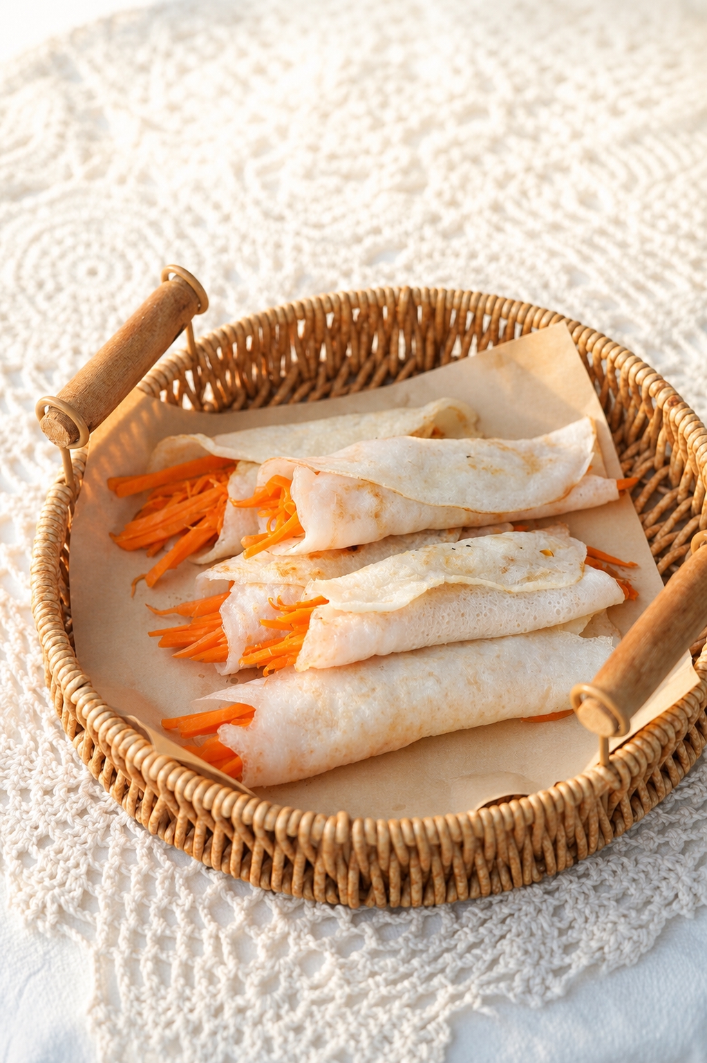 保持画面主体不变，大米饼卷胡萝卜丝的食物主体和藤编篮子完全保留… - 图片创意预览