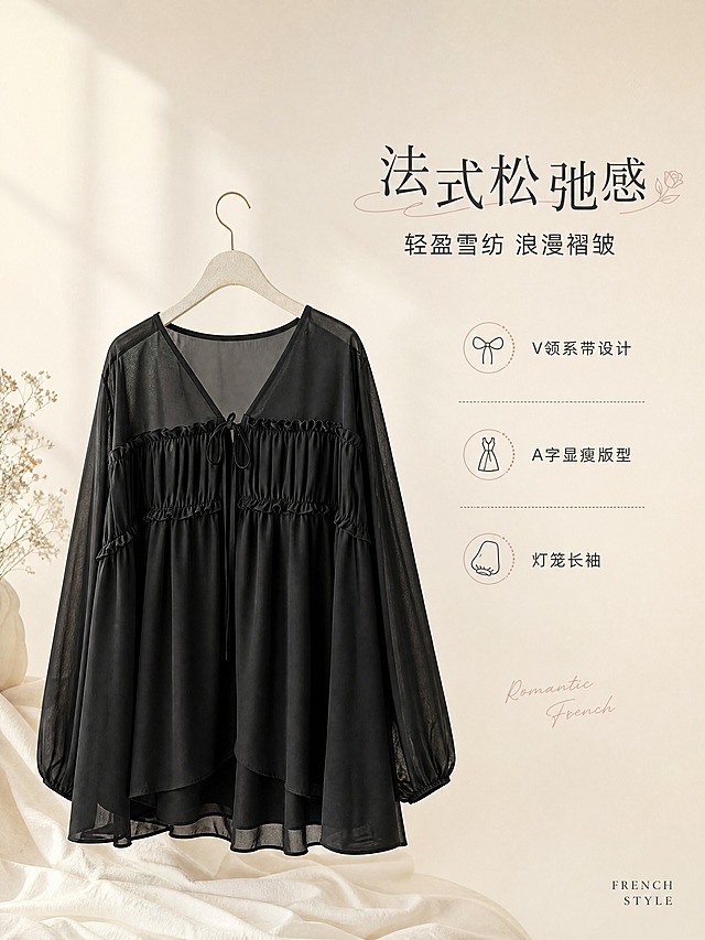 [商品] 使用【图1】黑色V领系带褶皱雪纺衫；商品处理：保留V领、胸前系带、褶皱木耳边、A字宽松版型、灯笼长袖、雪纺材质、黑色颜色和整体结构；自然去除衣身杂乱褶皱，理顺垂坠，增强雪纺面料通透质感和缝线精致度，不改变版型和结构。
[画面] 目标：法式浪漫风格头图，营造高级简洁的视觉氛围。构图：居中偏左放置悬挂的雪纺衫主体，右侧留白放文字；产品占画面约55%。景别：中景。前中后景：前景浅米色布料道具承托，中景雪纺衫悬挂于简约衣架，后景奶白色渐变墙面+柔和光影。阅读动线：从右上标题到左下产品。场景：极简法式影棚氛围，柔和自然光从左侧洒入。
[视觉] 套系策略：风格=高级极简法式商业摄影；标题字=纤细优雅衬线体；正文字=简洁无衬线体；主色=奶白米杏；背景延展=基于奶白米杏做深浅层级、同色渐变和细腻哑光墙面/纸张质感；强调色=柔雾玫瑰粉，仅用于小面积图标、引线和标签；标题色=炭黑色；正文色=暖灰色；组件=极细线条信息卡、细线引线、手写英文小字装饰；光影=左前侧柔暖自然光，柔和投影。
[文字] 右上留白放主标题「法式松弛感」，副标题「轻盈雪纺 浪漫褶皱」，下方3个短卖点：V领系带设计 / A字显瘦版型 / 灯笼长袖。文字不遮挡服装主体。右下角小号英文装饰「FRENCH STYLE」。
[规格] 图片比例3:4竖版，4K分辨率，负向提示：避免真人模特、尺码表、面料成分文字、变形、错字、文字过小、冷蓝背景、衣服颜色改变、版型失真、水印、二维码。
