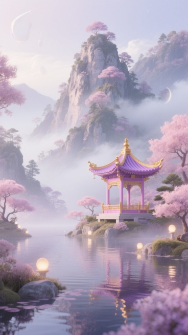 在一个被水环绕的超现实场景中，氛围空灵而优雅，充满了古典和梦幻的元素。在山上，你可以隐约看到粉红色和紫色的亭子，边缘是金色的。主要配色方案为淡粉色、浅紫色、白色、金色、鲜金色。它通过广角镜头展示了整体预览效果