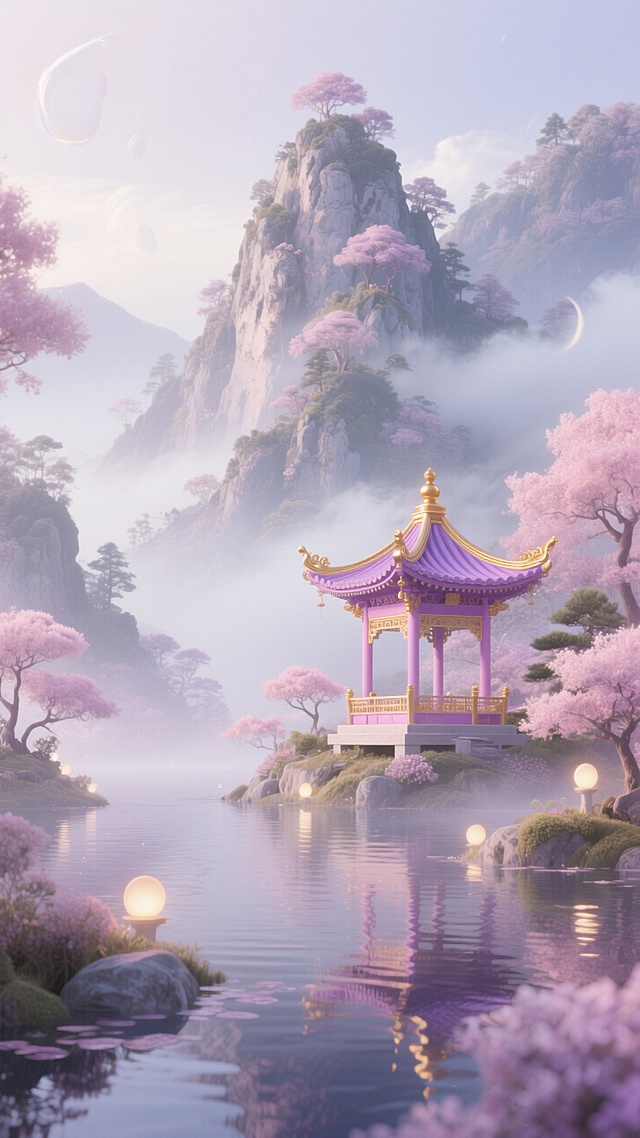 在一个被水环绕的超现实场景中，氛围空灵而优雅，充满了古典和梦幻的元素。在山上，你可以隐约看到粉红色和紫色的亭子，边缘是金色的。主要配色方案为淡粉色、浅紫色、白色、金色、鲜金色。它通过广角镜头展示了整体形状。山林的细腻质感、柔和的灯光和周围的薄雾营造出朦胧梦幻的视觉效果。它以3D渲染风格展示了东方美学的魅力。