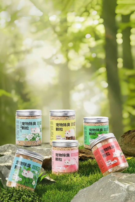 清新自然风，保留图1草地纹理与光影层次，和假石木头，营造户外松弛感
构图布局
六产品错落分布于中前景，模拟自然摆放，留白呼吸感，贴合原图视觉重心预览效果