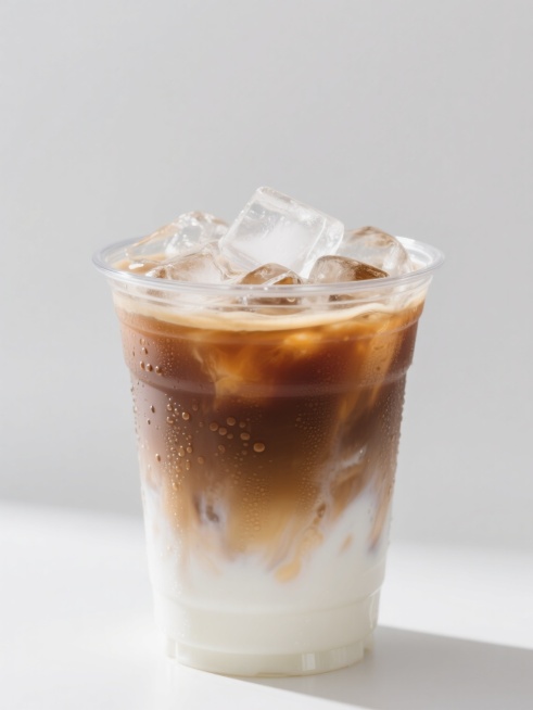 一杯透明塑料杯装着渐变分层的冰咖啡饮品，杯子位于画面中间位置，顶部覆盖大量透明冰块，冰块下方是深褐色的拿铁口味咖啡层，中间过渡为淡褐色，底部是奶白色的奶泡层，光线从上方照射，冰块折射出晶莹光泽，杯壁上预览效果