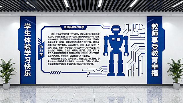 汤旺县第二中学校园门口文化墙设计，现代简约风格，整体简洁大方的对称布局。中间区域放置学校介绍文字："汤旺县第二中学始建于1959年，地处汤旺河林海奇石景区之畔。学校占地面积30100平方米，运动场地8150平方米，绿化面积900平方米。学校始终坚定贯彻国家教育方针，秉持“敬业、合作、拼搏、奉献”精神，“阳光、雨露、成长”的办学理念。设有三个学年、六个教学班，下设教务处、政教处、总务处、团支部。2023年度入选中国科技发展基金会农村中学科技馆项目，成为机器人主题学校，设有智能机器人活动室，开展创客、开源机器人等科技课程。硬件设施不断完善，在办学条件、师资队伍、学校管理、中考成绩与办学特色等方面持续探索，走出一条以立德树人为核心、以教学质量为关键、以全面发展为根本的教育创新之路。"。左侧竖排文字："学生体验学习快乐"，右侧竖排文字："教师享受教育幸福"。设计突出科技感，融入机器人元素，体现现代办学特色和创新精神。