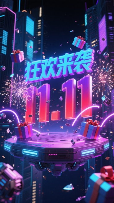 赛博朋克风格，霓虹渐变红紫 “11・11” 全息立体字，上方蓝紫色荧光 “狂欢来袭” 未来感字体，周围环绕赛博风机械礼盒、霓虹光带、全息烟花、金属碎屑，背景为赛博城市夜景，底部悬浮科技感发光平台。预览效果