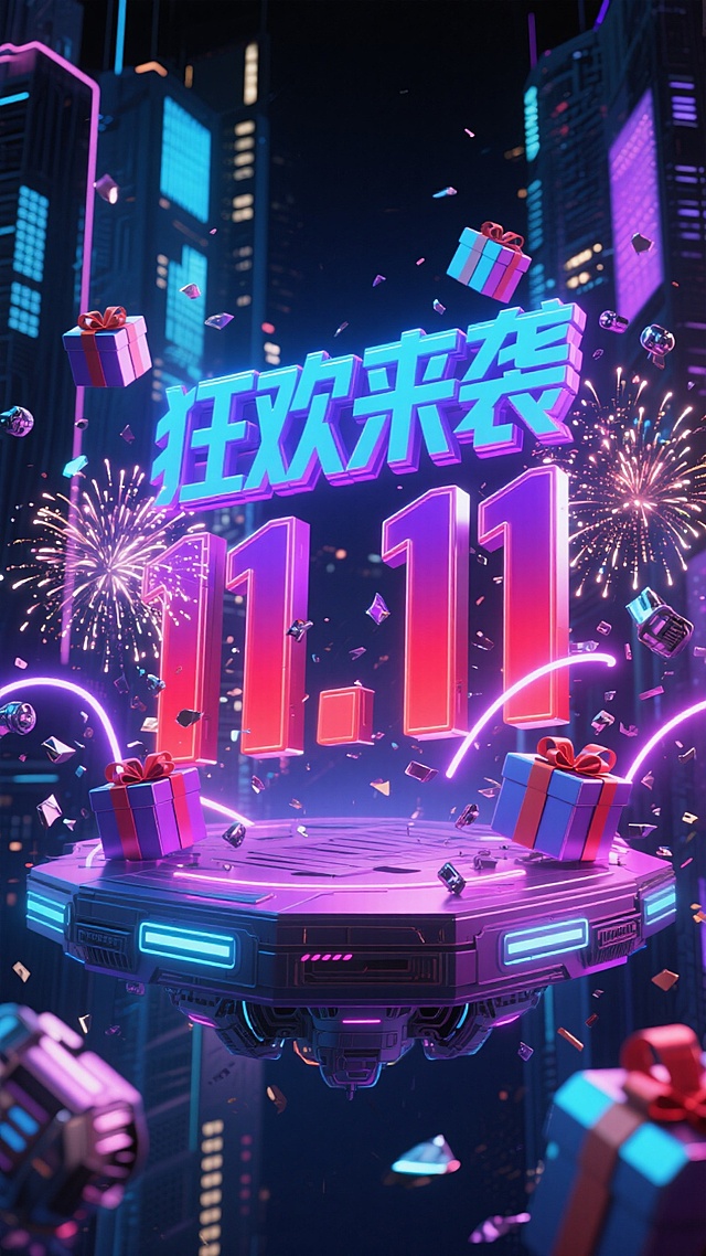 赛博朋克风3D海报，霓虹灯与粒子特效交织，未来感十足的悬浮平台承载“狂欢来袭11.11”，喜庆礼盒与烟花绽放，科技与节日氛围碰撞。