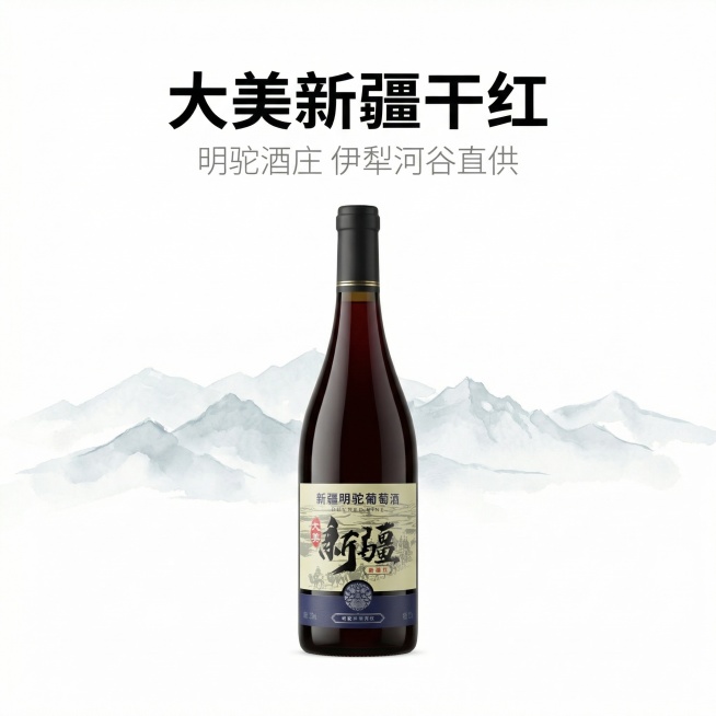 [主图1]明驼酒庄大美新疆干红葡萄酒首图，简洁大气新疆豪迈风格
[氛围风格]简约大气，干净高级，传递新疆豪迈开阔感
[画面元素]单瓶葡萄酒居中，保持产品外观与原图一致，背景是极简淡彩新疆天山剪影，干净预览效果