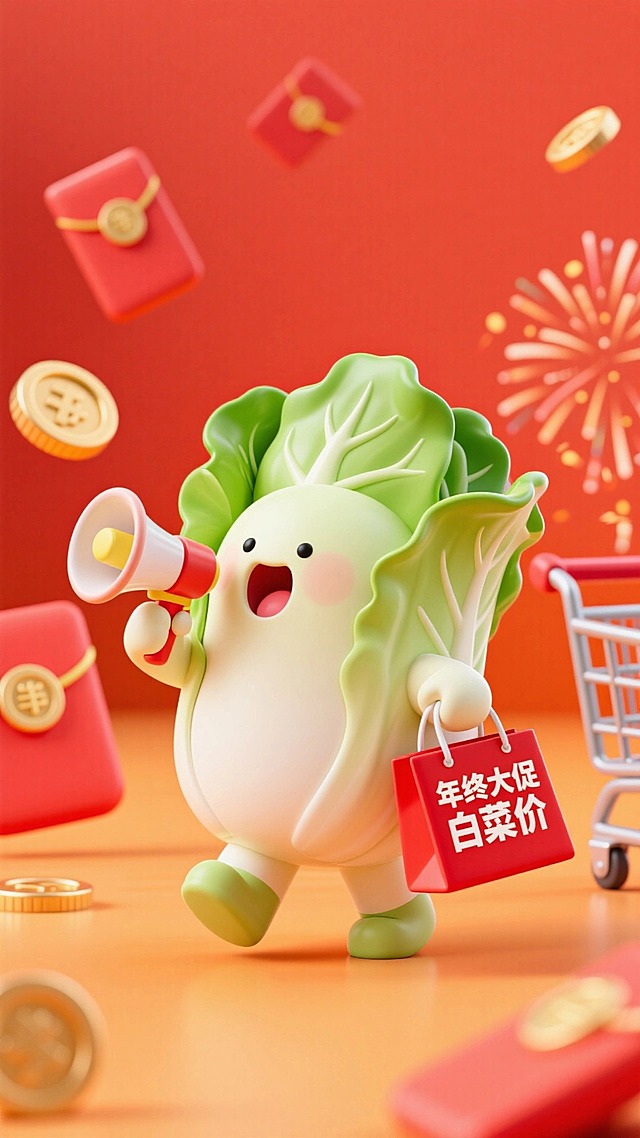 主视觉为一个白菜小人拿着喇叭，背着红色购物袋大喊，购物袋上写着“年终大促 白菜价”，促销感氛围，红橙配色透视背景，红包、金币、礼花、购物车元素点缀画面。