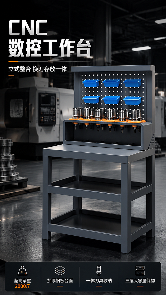 [第1屏] 详情页头图-CNC数控工作台专业主视觉海报。本屏使用【图1】作为商品主体，展示带刀具收纳的完整工作台。
[氛围/风格] 工业硬核风，深灰金属质感，专业机床车间场景，商业摄影级质感，厚重沉稳大气。
[元素布局] CNC数控工作台置于画面中央偏右，占比约65%，展示完整的三层结构、洞洞板、刀具收纳区和蓝色零件盒；左侧留标题区；背景为现代化数控加工车间场景，远处可见CNC机床、金属工件和工业灯光；地面为工业环氧地坪，台面反射柔和光影；产品物理结构、颜色、材质、部件与输入图完全一致，深灰色钢架+橙色刀柄座+蓝色收纳盒。
[光影质感] 右上方工业主光照明，左侧辅助补光，台面下方自然投影，金属表面有清晰高光反射，突出钢板厚重感与钢架刚性。
[配色色系] 全局底色 #1A1D23 深灰黑；主色深灰金属色 #4A5058；辅助色工业橙 #FF6B00、收纳蓝 #1E88E5；点缀色白色文字。
[视角构图] 45°斜侧微仰视，产品为视觉中心，阅读动线左上标题 → 中部产品 → 底部信息条，景深适中，背景虚化突出主体。
[文字版式] 左上标题区：主标题「CNC数控工作台」，副标题「立式整合 换刀存放一体」，粗黑体工业风；底部横向信息条：4个核心卖点标签「超高承重2000斤」「加厚钢板台面」「一体刀具收纳」「三层大容量储物」，配小图标；文字不遮挡产品主体。
[比例分辨率] 9:16竖版比例，4K分辨率，文字清晰可辨，高清画质。
[负向提示词] 产品变形，结构错误，缺件错件，颜色偏差，水印，文字错乱，文字过小，背景杂乱，产品模糊。
