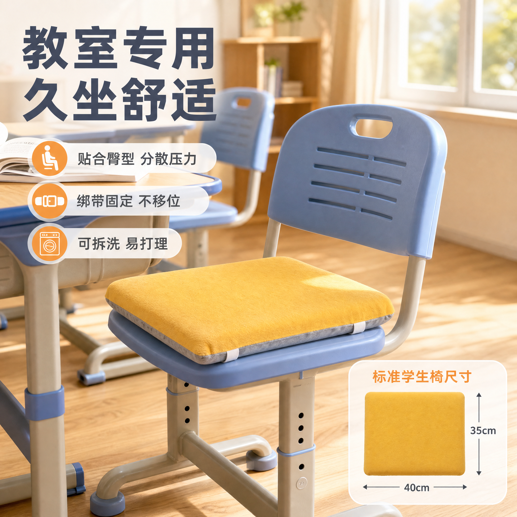 [主图-5] 学生坐垫教室椅垫 使用场景与尺寸规格展示。 [统… - 图片创意预览