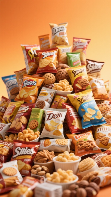 大量不同种类的零食丰富堆叠组合，包括薯片、饼干、坚果、膨化食品等多种包装零食，采用橙色渐变背景，明亮柔和的顶光照明，突出零食包装的质感和色彩，整体构图饱满层次分明，营造出丰富诱人的视觉效果，高清摄影级质感，细节清晰，色彩鲜艳，无文字信息，聚焦于零食本身的多样与美味。预览效果