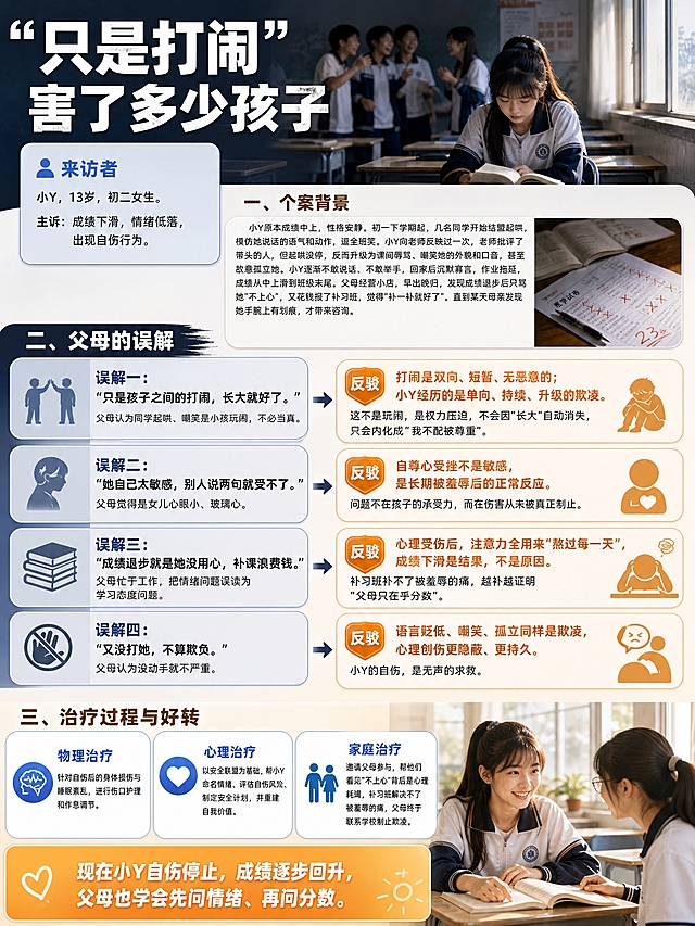 竖版心理科普案例长图文，单张完整内容，医疗健康类温暖专业风格，排版有创意反差感，信息层级分明，适合手机竖屏阅读。整体设计概念：用"误解（冷灰蓝）vs 真相（暖橙）"的反差呈现欺凌被误读与看见的过程，后半部分治疗与好转转为温暖明亮色调，形成完整叙事弧线。

【顶部标题区】
主标题粗体白色大字：「"只是打闹"害了多少孩子」。标题区背景是深灰蓝色渐变，右侧配一张写实风格配图——13岁初中女生校服，独自坐在教室最后一排靠窗位置，周围同学在嬉闹但她低着头看书，表情安静而疏离，窗外的光照进来，画面表达孤独。

【来访者信息区】
一个浅蓝色圆角卡片，左上角有👤图标+「来访者」蓝色粗体小标题。正文：小Y，13岁，初二女生。主诉：成绩下滑，情绪低落，出现自伤行为。

【个案背景区】
小标题粗体深棕色：「一、个案背景」。浅灰色圆角卡片内文字：小Y原本成绩中上，性格安静。初一下学期起，几名同学开始结盟起哄，模仿她说话的语气和动作，逗全班笑。小Y向老师反映过一次，老师批评了带头的人，但起哄没停，反而升级为课间辱骂、嘲笑她的外貌和口音，甚至故意孤立她。小Y逐渐不敢说话、不敢举手，回家后沉默寡言，作业拖延，成绩从中上滑到班级末尾。父母经营小店，早出晚归，发现成绩退步后只骂她"不上心"，又花钱报了补习班，觉得"补一补就好了"。直到某天母亲发现她手腕上有划痕，才带来咨询。配一张写实质感小图——教室课桌上摊开的课本和一张打了很多红叉的试卷，气氛压抑。

【父母的误解区】
小标题粗体白色，深灰蓝背景条：「二、父母的误解」。
四个对比卡片纵向排列，每个卡片左侧是冷灰蓝"误解"框，右侧是暖橙色"真相"框，中间用「→」连接，形成强反差：

误解一：左侧冷灰蓝框：「只是孩子之间的打闹，长大就好了。」下方小字：父母认为同学起哄、嘲笑是小孩玩闹，不必当真。右侧暖橙框标题「反驳」：打闹是双向、短暂、无恶意的；小Y经历的是单向、持续、升级的欺凌。下方真相文字：这不是玩闹，是权力压迫，不会因"长大"自动消失，只会内化成"我不配被尊重"。

误解二：左侧冷灰蓝框：「她自己太敏感，别人说两句就受不了。」下方小字：父母觉得是女儿心眼小、玻璃心。右侧暖橙框标题「反驳」：自尊心受挫不是敏感，是长期被羞辱后的正常反应。下方真相文字：问题不在孩子的承受力，而在伤害从未被真正制止。

误解三：左侧冷灰蓝框：「成绩退步就是她没用心，补课浪费钱。」下方小字：父母忙于工作，把情绪问题误读为学习态度问题。右侧暖橙框标题「反驳」：心理受伤后，注意力全用来"熬过每一天"，成绩下滑是结果，不是原因。下方真相文字：补习班补不了被羞辱的痛，越补越证明"父母只在乎分数"。

误解四：左侧冷灰蓝框：「又没打她，不算欺负。」下方小字：父母认为没动手就不严重。右侧暖橙框标题「反驳」：语言贬低、嘲笑、孤立同样是欺凌，心理创伤更隐蔽、更持久。下方真相文字：小Y的自伤，是无声的求救。

【治疗与好转区】
小标题粗体深棕色：「三、治疗过程与好转」。
三个横向排列的白色圆角卡片带浅色边框：
第一张卡片：蓝色脑波图标+「物理治疗」+小字：针对自伤后的身体损伤与睡眠紊乱，进行伤口护理和作息调节。
第二张卡片：蓝色心形图标+「心理治疗」+小字：以安全联盟为基础，帮小Y命名情绪、评估自伤风险、制定安全计划，并重建自我价值。
第三张卡片：蓝色家庭图标+「家庭治疗」+小字：邀请父母参与，帮他们看见"不上心"背后是心理耗竭，补习班解决不了被羞辱的痛，父母终于联系学校制止欺凌。

下方一个暖橙色渐变背景卡片，白色粗体文字：现在小Y自伤停止，成绩逐步回升，父母也学会先问情绪、再问分数。
配一张写实风格配图——同一个女孩坐在阳光明亮的教室里，微笑着和同桌讨论课本，窗外阳光洒进来，画面温暖充满希望，与开头形成前后呼应。

整体排版：从上到下"误解冷色→真相暖色→治愈明亮"的叙事弧线，对比卡片突出反差感，图文结合，留白充足，字体层级分明，所有文字清晰可读。画面比例 3:4，2K。