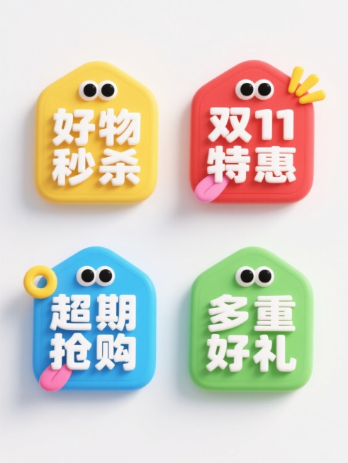 一组4个不同配色、不同样式的促销标签，每张素材均为规整排布的单一促销标签，标签文案分别为“好物秒杀”、“双11特惠”、“超期抢购”、“多重好礼”，采用纯色背景。整体呈现3D立体的卡通粘土风格，标签主体为圆润的几何形状，表面有柔和的高光和自然的阴影，边缘光滑且略带厚度感，展现出类似橡皮泥手工制作的质感。每个标签都有独特的卡通化装饰元素，如夸张的黑色圆形眼睛、伸出的粉色舌头、黄色的放射状线条等，增……预览效果