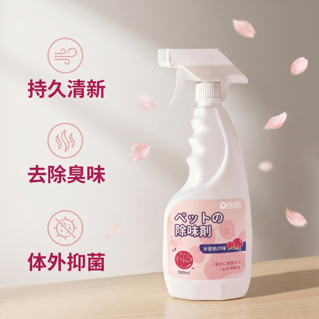 [主图 2] 宠物除臭剂喷雾核心卖点展示
[氛围/风格] 温馨舒适家居治愈风，干净明亮自然光。
[画面元素] 商业摄影质感，光线柔和通透，产品清晰真实，画面干净高级。宠物除臭剂喷雾产品主体放置在画面偏预览效果