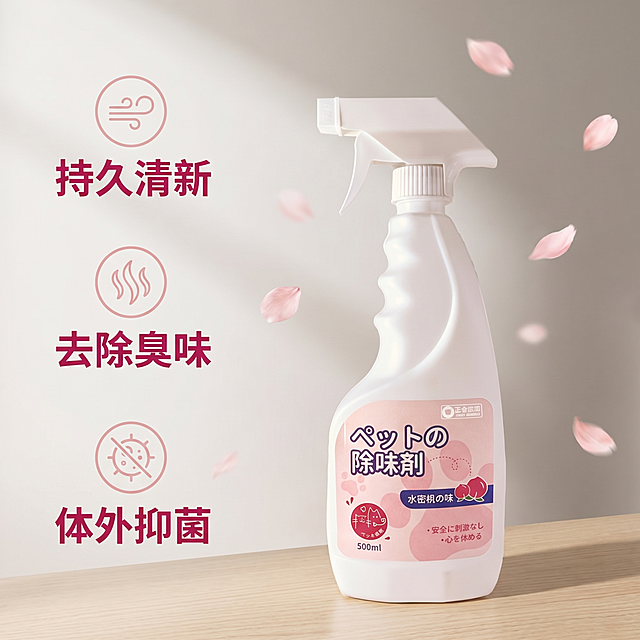 [主图 2] 宠物除臭剂喷雾核心卖点展示
[氛围/风格] 温馨舒适家居治愈风，干净明亮自然光。
[画面元素] 商业摄影质感，光线柔和通透，产品清晰真实，画面干净高级。宠物除臭剂喷雾产品主体放置在画面偏右侧，左侧区域垂直排列三个核心卖点，每个卖点搭配简约图标，背景为浅暖灰色柔和渐变墙面，点缀几片浅粉色花瓣元素，保持产品外观与原图一致。
[配色色系] 主色调：浅暖灰；辅助色：产品本身的浅粉色、深粉色文字，整体和谐温馨。
[视角构图] 平视角，左文右图布局，构图均衡。
[文字版式] 左侧三个卖点：第一行卖点图标+"持久清新"，第二行"去除臭味"，第三行"体外抑菌"，深粉色粗体字，每个卖点竖向错开排列，图标为简约浅色线形。产品在右侧居中展示，清晰完整。
[比例分辨率] 1:1 比例，2k 分辨率，文字清晰可辨，超高清。
[负向提示词] 变形，水印，文字错乱，产品图模糊，背景杂乱，文字遮挡主体，配色刺眼