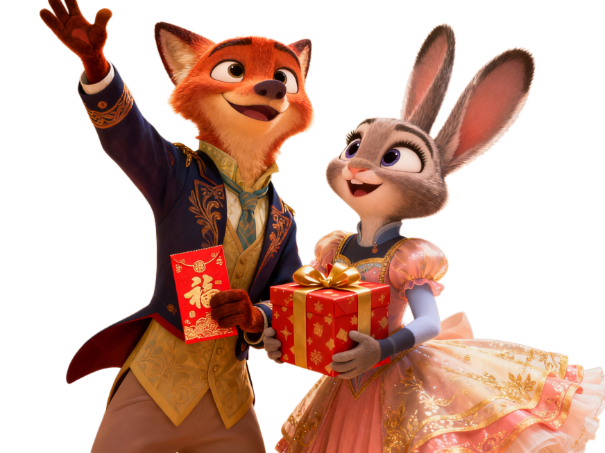 迪士尼动画《疯狂动物城》里的朱迪和尼克穿着华丽舞蹈服，微笑着向上看，尼克左手举起、右手拿着红包，朱迪抱着包装精美的礼物，画风还原动画原版，氛围喜庆温馨预览效果