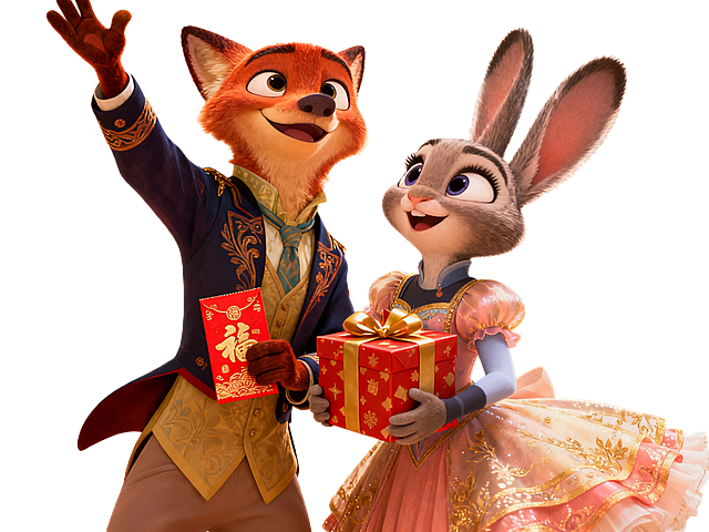 迪士尼动画《疯狂动物城》里的朱迪和尼克穿着华丽舞蹈服，微笑着向上看，尼克左手举起、右手拿着红包，朱迪抱着包装精美的礼物，画风还原动画原版，氛围喜庆温馨