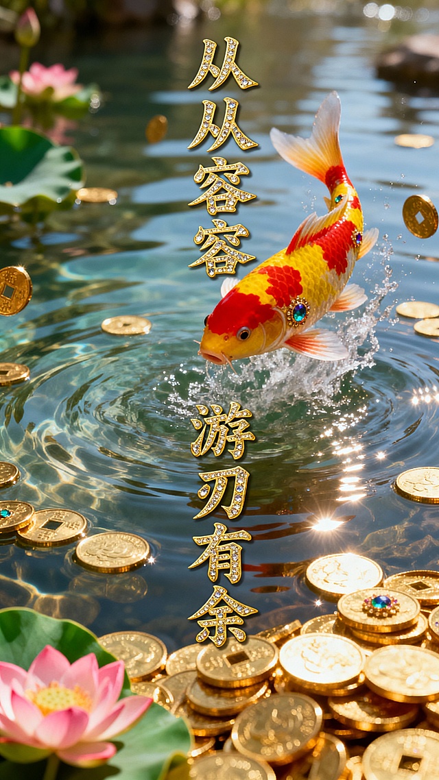 主体为金子做的“从从容容 游刃有余”，上面镶嵌珠宝，毛笔书法字体竖排版，背景：金币散落在清澈水中，还有锦鲤，鲤鱼跳龙门的雀跃景象，暖阳光在硬币和水波纹上投射清晰高光与阴影，奢华金色调，还有河水的清澈流动，和锦鲤的红黄色斑点，给画面增加色调，金色勾勒的荷花，粉色和绿色搭配，硬币表面和水纹的精细纹理，散点构图带局部扎堆，浅景深模糊背景