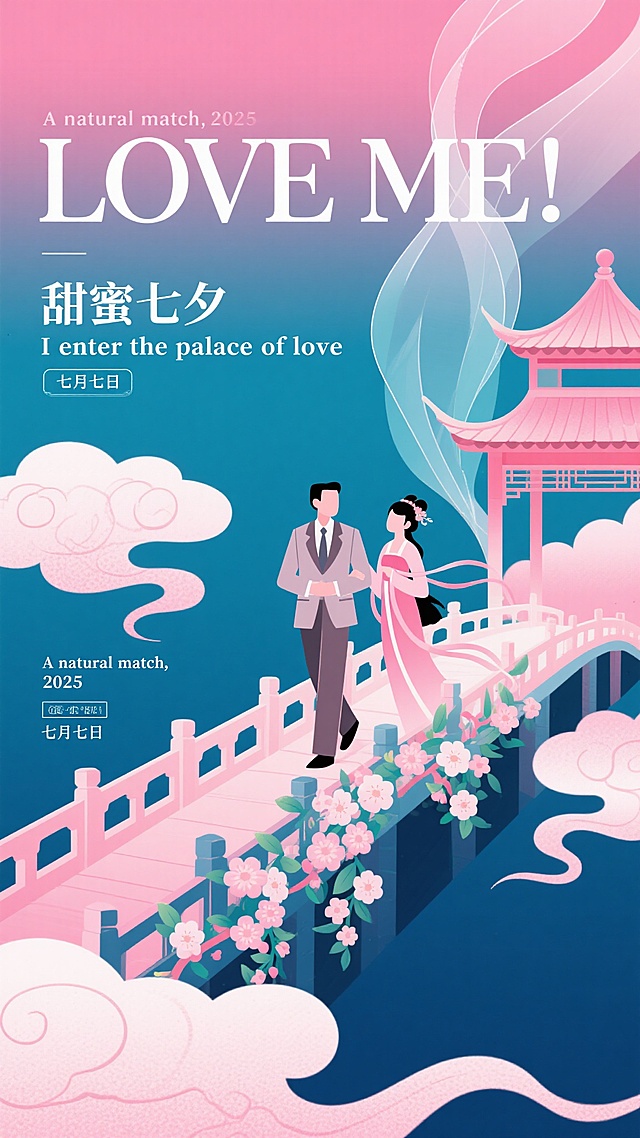平面插画，海报设计，高级，排版艺术，中式七夕恋爱风，肌理细腻噪点，弥散渐变，扁平插画，晕染，中饱和粉色和低饱和深蓝色渐变背景，新中式扁平商业插画，几何工笔勾勒穿西装的精英和织女，宋代美学意境，中式云朵和长桥，鲜花缠绕长桥，云朵掩映，中式建筑飞檐化作半透明的装饰元素，超现实动态感，透明流体，酸性插画色系，色彩强烈，国风美学，冷色调为主搭配局部暖色点缀，淡雅的渐变色与撞色结合，颜色明快，东方美学，创新构图突出牛郎和织女的神韵，富有层次感，元素重构，日期是“七月七日”，写着“I enter the palace of love ”，左侧文字“A natural match，2025”，上方写着“LOVE ME”（居中放大），下方有“甜蜜七夕”
