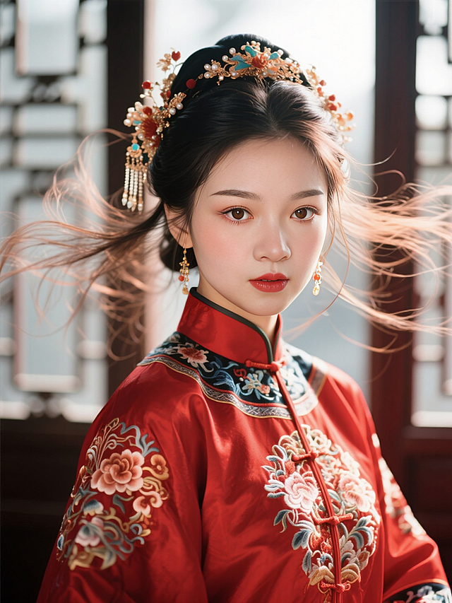 人物穿上古风中式红色嫁衣，发饰精美正面对着镜头，逆光发丝飞舞，特写镜头，中式窗户背景，浓妆，喜庆氛围