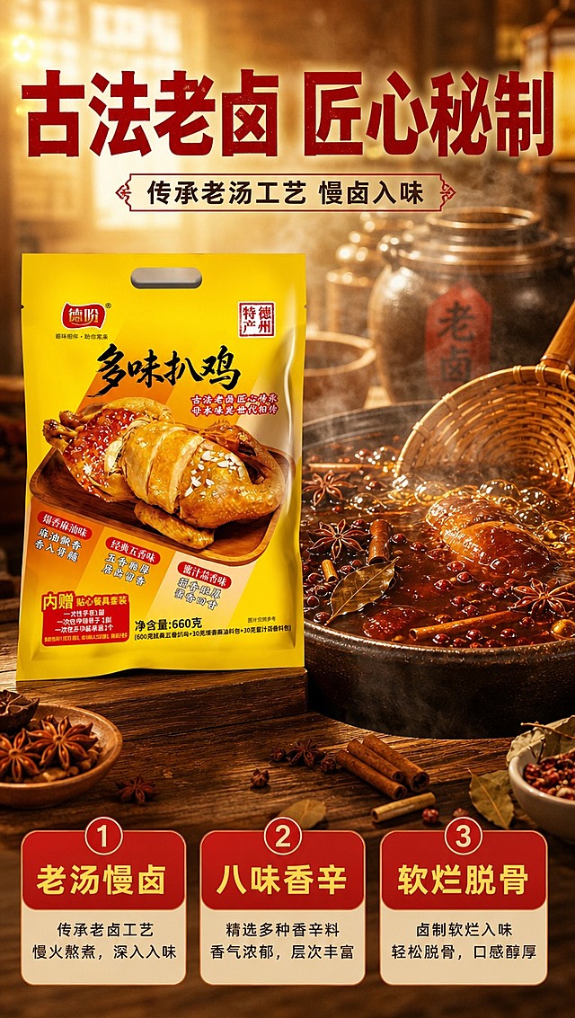 [商品] 使用【图1】德盼多味扒鸡黄色包装袋；保留包装袋所有结构、颜色、Logo、文字和图案；产品包装袋置于画面左侧，占画面约30%。
[画面] 目标：工艺卖点展示，古法老卤匠心秘制。构图：左产品右工艺展示的左右分栏结构；右侧为老卤汤锅特写画面，浓郁深褐色卤汤翻滚冒着热气，汤中可见八角、桂皮、花椒、香叶等多种香辛料，旁边有陶制老汤罐、竹制漏勺等道具；背景为传统厨房/卤味作坊暖光环境；≥3层视觉层次；阅读动线从左到右再向下。
[视觉] 套系策略：风格=拼多多接地气卤味熟食商业摄影风，高饱和暖色调，食欲感强；标题字=粗黑体大字（思源黑体Bold/类似粗黑），厚重有力；正文字=常规黑体（思源黑体Regular），清晰易读；主色=暖金黄色+酱红色；背景延展=基于暖棕黄做深浅层级、同色渐变、木质纹理/卤汤质感；强调色=酱红色，仅用于小面积标签、引线、价格底纹和卖点高亮；标题色=深酱红色；正文色=深棕褐色；组件=圆角红底黄字信息卡、粗线引线、印章式标签；光影=暖黄色调环境光，蒸汽朦胧感，卤汤有高光反光。
[文字] 顶部居中主标题「古法老卤 匠心秘制」，副标题「传承老汤工艺 慢卤入味」；右侧卤汤画面下方3个横向卖点条：「① 老汤慢卤」「② 八味香辛」「③ 软烂脱骨」，每个卖点条配一行小字说明。所有文字横排，字号大，不遮挡产品主体。
[规格] 图片比例9:16竖版，4K分辨率，拼多多风格；避免变形、错字、文字过小、冷蓝灰色调、包装文字错乱、虚假功效承诺、极限词。