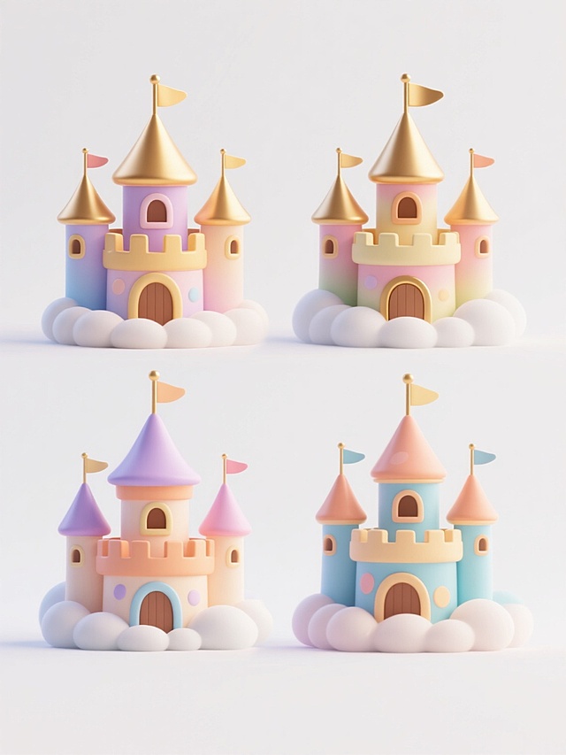 4个不同配色、不同样式、不同外观的可爱卡通风格城堡，保持圆润的3D造型、光滑的渐变质感、金色尖顶装饰和飘扬小旗的特征，城堡底部有云朵环绕，整体排列整齐，置于纯白色背景上，每个城堡拥有独特的色彩搭配和外观细节，延续原图的童话氛围与柔和光影效果。