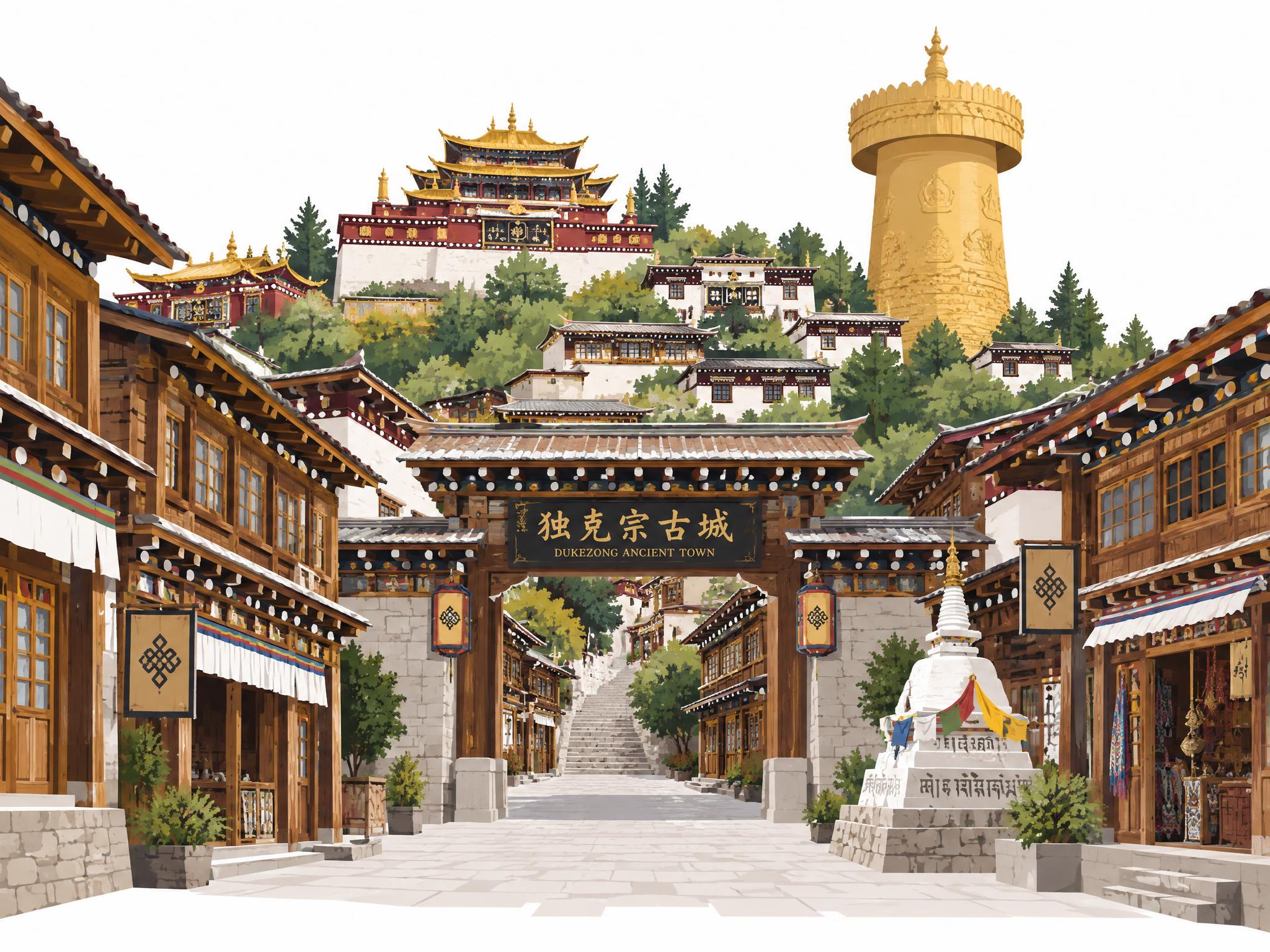 独克宗古城矢量图形，香格里拉地标，简洁扁平化矢量插画风格，藏式… - 图片创意预览