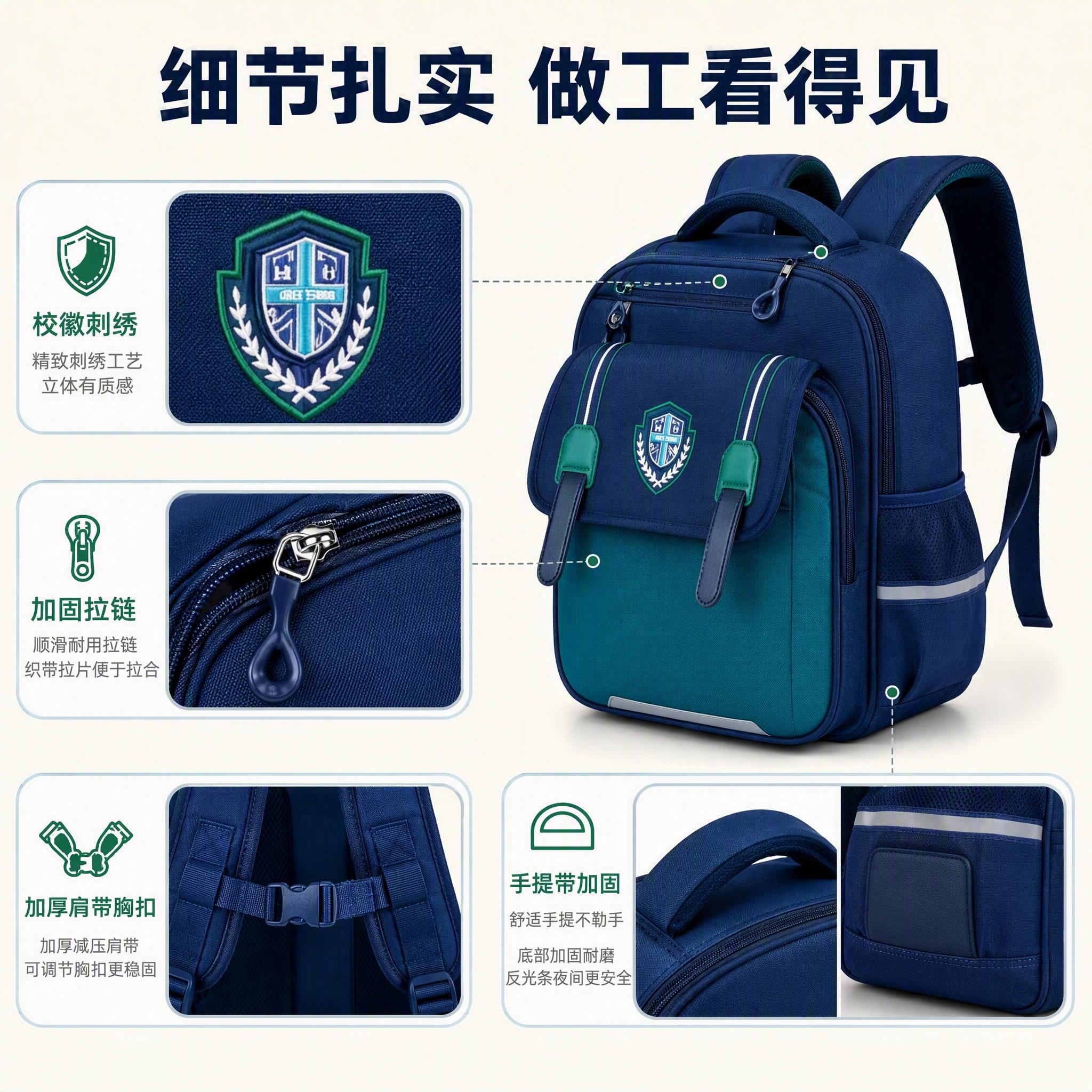 [主图-4] 细节做工特写信息图：多局部放大展示盾牌校徽刺绣、… - 图片创意预览