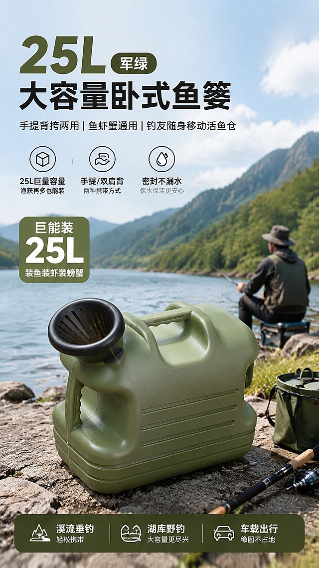 亚马逊商品详情页首屏，首屏主标题"25L 军绿大容量卧式鱼篓 | 手提背挎两用 鱼虾蟹通用 钓友随身移动活鱼仓"，核心主打亮点：巨量 25L 大容量，渔获再多也能轻松收纳；手提、双肩背两种携带方式，溪流、湖库、车载全场景适配，装鱼、虾、螃蟹都好用！画面展示25升军绿手提款鱼篓整体外观，钓鱼户外场景背景，干净简约的亚马逊电商风格，文字清晰排版