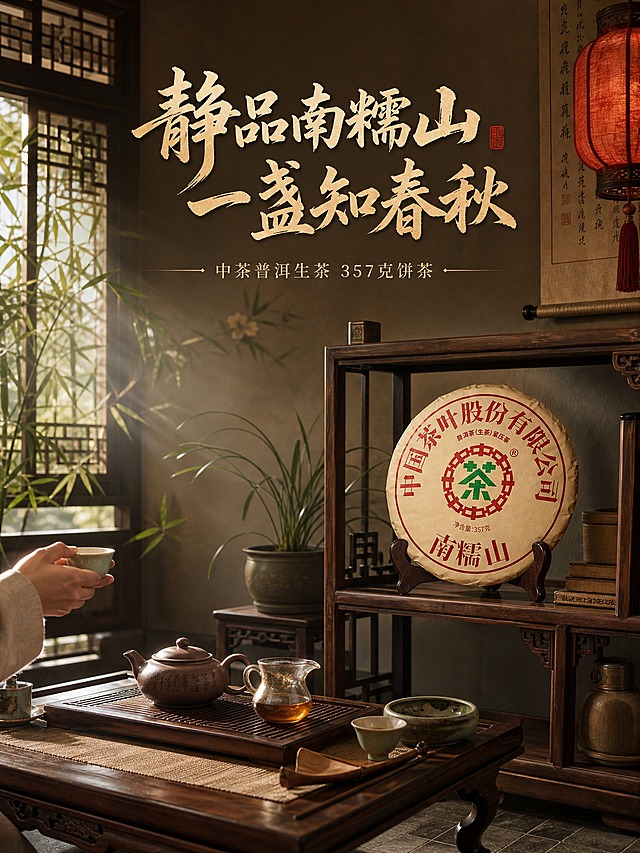 [主图-4] 沉浸式中式茶空间场景，竖版生活方式代入，抖音3:4主图。
[统一基调] 沉浸式国风茶韵风格，深墨绿+暖棕+米金配色，主标题用粗笔书法字米金色带轻微阴影，辅助文案用细宋体浅米色，整体氛围氤氲茶香、古雅沉静。
[画面] 竖版3:4构图，沉浸式中式茶室全景。画面中部偏右茶饼放在博古架上，占画面约25%，茶饼外观与输入图完全一致。画面左侧为茶席主场景：木质茶桌上摆放完整茶具，紫砂壶、公道杯、品茗杯、茶洗、茶则一应俱全，一只手（仅手部，着素色棉麻）正端杯品茶。背景是中式花格窗，窗外竹影摇曳，柔和自然光透入。画面上方有悬挂的中式灯笼和书法卷轴。地面铺青砖，角落有一盆兰草。整个空间静谧雅致，茶香氤氲。
[光影质感] 柔和自然光从左侧窗棂射入，形成条状光影，木质家具温润，瓷器有柔光反射，整体氛围静谧温暖，电影级光影，沉浸式空间感强。
[配色] 背景主色暖棕+米白，点缀竹叶绿和灯笼红，标题字色深棕+米金。
[文字版式] 画面上方主标题"静品南糯山 一盏知春秋"，下方小字"中茶普洱生茶 357克饼茶"。文字放在上方留白区，不遮挡茶空间场景。
[输出要求] 3:4竖版750x1000，文字清晰可读，产品清晰完整不变形，无错字，无水印，无平台Logo，无杂乱元素。