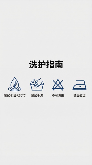 男士夹克外套电商详情页洗护指南板块，宽度750像素，顶部加粗标题"洗护指南"，下方分四个图标带文字说明：1.水温图标文字"建议水温≤30℃"；2.手洗图标文字"建议手洗"；3.不可漂白图标文字"不可漂预览效果