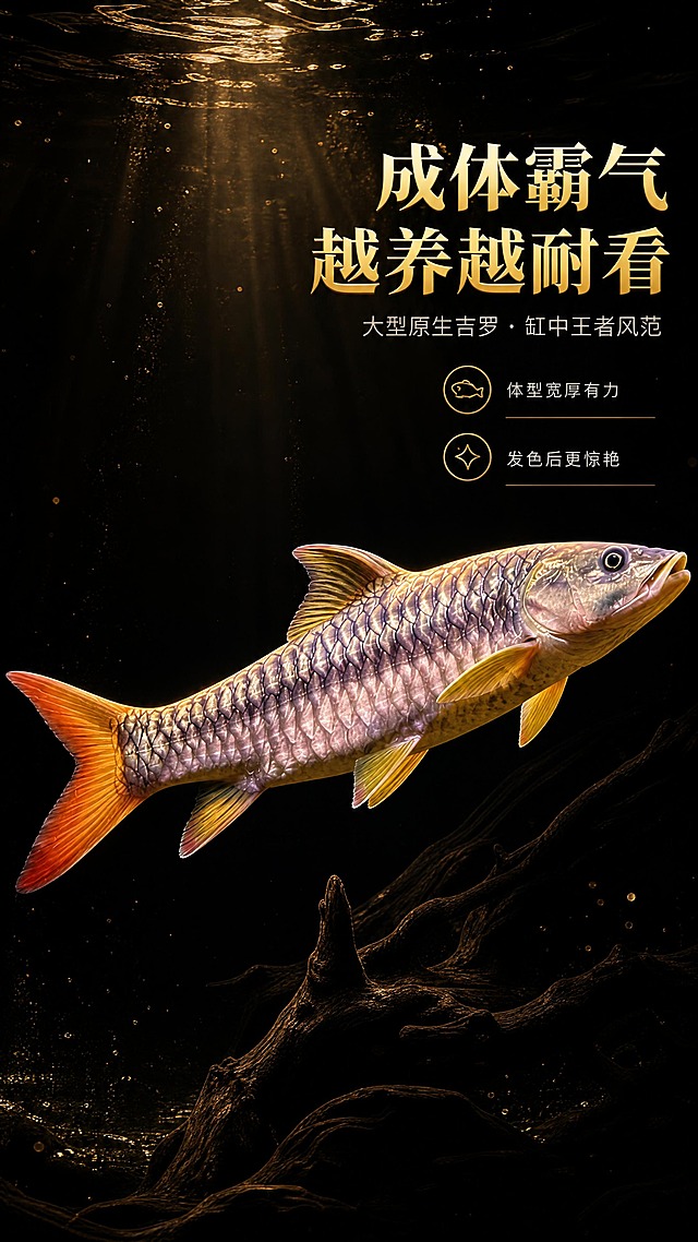 [商品] 使用【图1】皇室金原生金吉罗鱼；保留鱼的结构、鳞片、颜色和鳍部形态；适度放大成鱼体型感，增强霸气视觉，不改变品种特征。
[画面] 页面目标：成体展示页，突出成鱼霸气体型与耐看气质。构图：低角度仰视展示完整大鱼，鱼身从左下向右上游动，占画面约60%，体型宽厚有气势；背景为深邃黑色水下环境，上方有微弱金色光线从水面洒下，底部有深色沉木剪影，营造大型鱼霸气氛围。
[视觉] 套系策略：风格=黑金高级商业观赏鱼摄影风；标题字=粗厚衬线体，金属金色描边质感；正文字=现代无衬线细黑体；主色=纯黑+深炭灰；背景延展=黑色到深灰的径向渐变，叠加细腻水纹与金色粒子光效；强调色=金属金，仅用于标题、图标、引线和高光点缀；标题色=金属金；正文色=浅银灰；组件=细线金色信息条、圆角深色半透明卡片、金色引线图标；光影=左前侧暖金柔光勾勒鳞片，右侧暗部保留层次，整体低调奢华。
[文字] 右上区域主标题"成体霸气 越养越耐看"，副标题"大型原生吉罗 · 缸中王者风范"；下方2个短卖点：体型宽厚有力、发色后更惊艳；文字全部横排，位于右上留白区，不遮挡鱼身主体。
[规格] 图片比例9:16竖版，4K，负向提示：避免鱼身比例失调、过度夸张变形、颜色失真、文字竖排、极限词。