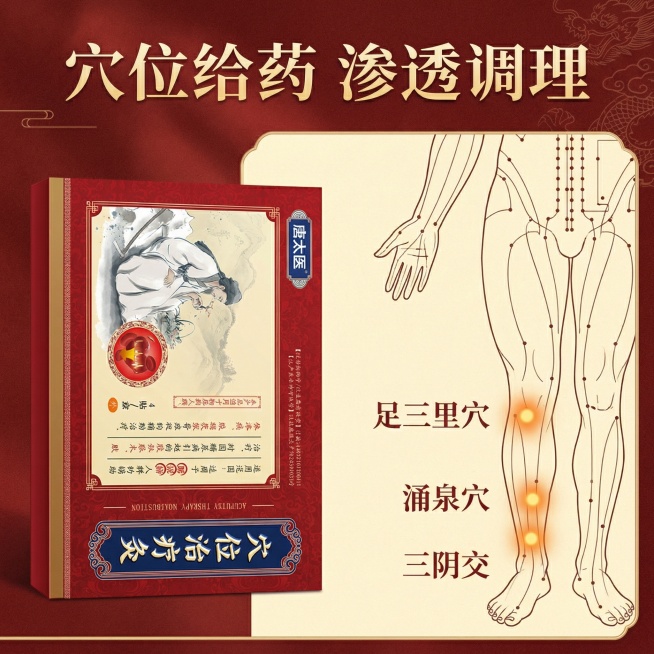 [主图3 原理细节]
主图主题：穴位治疗灸产品原理展示
氛围风格：古风专业科普风格，清晰直观
画面元素：左侧放置产品包装盒特写，展示产品包装细节，右侧为中医穴位示意图，用简洁线条绘制人体穴位，并用光点预览效果