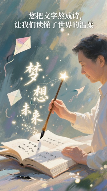 背景是翻开的诗词集，语文老师手中握着“毛笔形状的魔法棒”，笔尖落下的不是墨，而是“会飘的汉字”（如“梦想”“未来”），身边绕着几只纸鸢（纸鸢上写着诗句）。  
顶部标题：“您把文字熬成诗，让我们读懂了预览效果
