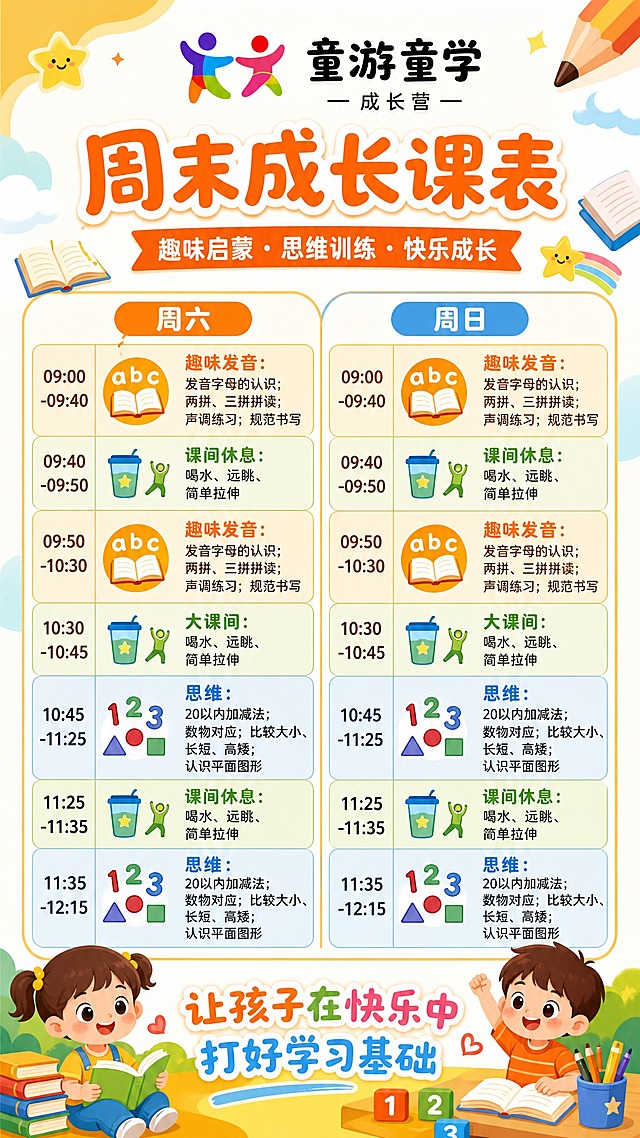 一张精美专业的儿童培训机构周末课表招生宣传海报，竖版设计，温馨活泼又专业。

【顶部】居中放置机构logo：左侧是彩色抽象人形图案（紫色、蓝色、红色、橙色、绿色、玫红色组成的两个小人手拉手的欢快造型），右侧是黑色的'童游童学'四个大字（圆润可爱的字体），下方是'— 成长营 —'小字。logo下方大标题"周末成长课表"，副标题"趣味启蒙 · 思维训练 · 快乐成长"。

中间主体是清晰的课程表格，分为周六、周日两栏，每栏包含7个时间段：

【周六】
09:00-09:40 趣味发音：发音字母的认识；两拼、三拼拼读；声调练习；规范书写
09:40-09:50 课间休息：喝水、远眺、简单拉伸
09:50-10:30 趣味发音：发音字母的认识；两拼、三拼拼读；声调练习；规范书写
10:30-10:45 大课间：喝水、远眺、简单拉伸
10:45-11:25 思维：20以内加减法；数物对应；比较大小、长短、高矮；认识平面图形
11:25-11:35 课间休息：喝水、远眺、简单拉伸
11:35-12:15 思维：20以内加减法；数物对应；比较大小、长短、高矮；认识平面图形

【周日】
09:00-09:40 趣味发音：发音字母的认识；两拼、三拼拼读；声调练习；规范书写
09:40-09:50 课间休息：喝水、远眺、简单拉伸
09:50-10:30 趣味发音：发音字母的认识；两拼、三拼拼读；声调练习；规范书写
10:30-10:45 大课间：喝水、远眺、简单拉伸
10:45-11:25 思维：20以内加减法；数物对应；比较大小、长短、高矮；认识平面图形
11:25-11:35 课间休息：喝水、远眺、简单拉伸
11:35-12:15 思维：20以内加减法；数物对应；比较大小、长短、高矮；认识平面图形

趣味发音课程用橙色色块配拼音字母/书本图标，思维课程用蓝色色块配数字/几何图形图标，课间休息用绿色柔和色块配水杯/拉伸图标。表格设计清晰美观，表头有周六、周日两列。整体色调温暖明亮，以橙色、蓝色、绿色、黄色为主色调，背景有柔和云朵、星星、铅笔、书本装饰，充满童趣又不失专业感。底部有宣传语"让孩子在快乐中打好学习基础"。画面构图饱满，文字清晰易读，适合打印或发朋友圈招生宣传。