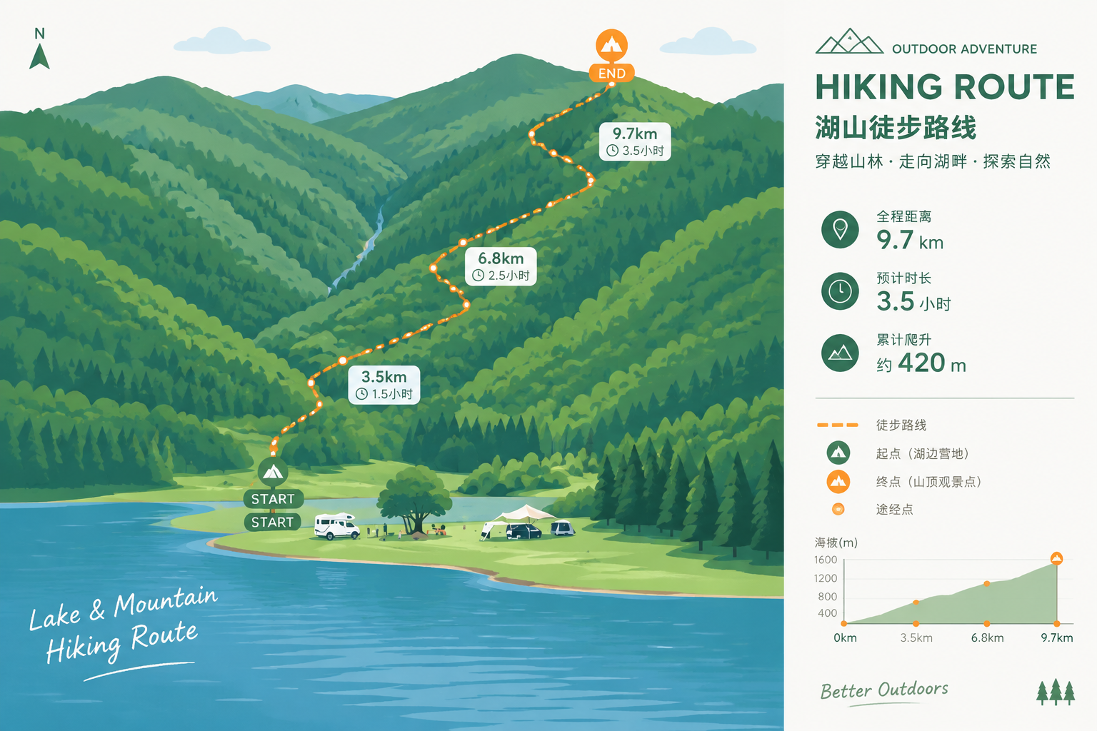 基于参考图的湖山露营风景，设计一张简约扁平化风格的徒步路线信息… - 图片创意预览