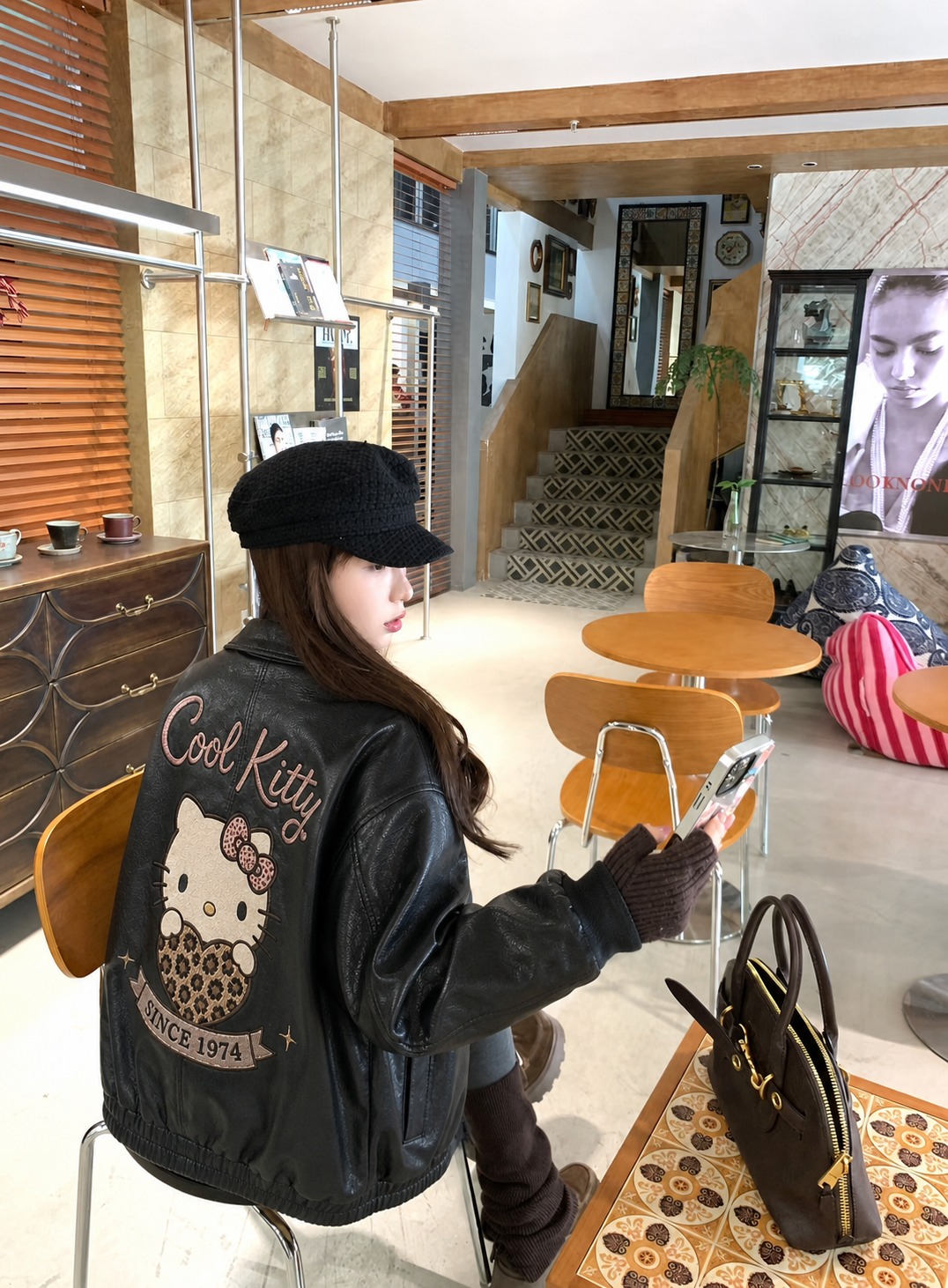 将图3模特身上的黑色皮衣替换为图1和图2所示的Hello Ki… - 图片创意预览
