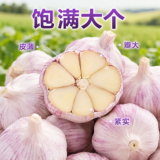 [主图-2] 紫皮干蒜核心品质展示图，清新简约风格；
[氛围风格] 真实自然产地新鲜氛围，突出品质感；
[画质] 商业摄影质感、光线柔和通透、产品清晰真实、画面干净高级；
[元素] 保持紫皮干蒜外观纹理质感颜色与输入产品图绝对一致，杜绝变形色差。切开半颗紫皮干蒜展示饱满蒜瓣横截面，周围散落整颗紫皮大蒜，背景融入浅景深农田模糊效果。商品主体占比65%，画面满屏无边框；
[光影] 自然柔和漫射自然光，突出蒜瓣纹理和新鲜质感，明暗层次清晰；
[配色] 主色调浅绿农田背景+大蒜紫白色，清新自然；
[视角构图] 俯视拍摄，切开的半颗蒜为视觉中心，引导视线突出品质；
[文字版式] 上方居中大字文案 "饱满大个"，粗体深紫字体带边缘轻微发光，字号最大；使用细引线标注 "皮簿 瓣大 紧实" 三个核心亮点，引线纤细对应正确位置，小号浅紫字体带轻微发光；文字大小区分层级，不遮挡产品主体；
[比例分辨率] 1:1比例，2048x2048px，文字清晰锐利，超高清；
[负向提示词] 变形，水印，文字错乱，产品图模糊，背景杂乱，颜色失真