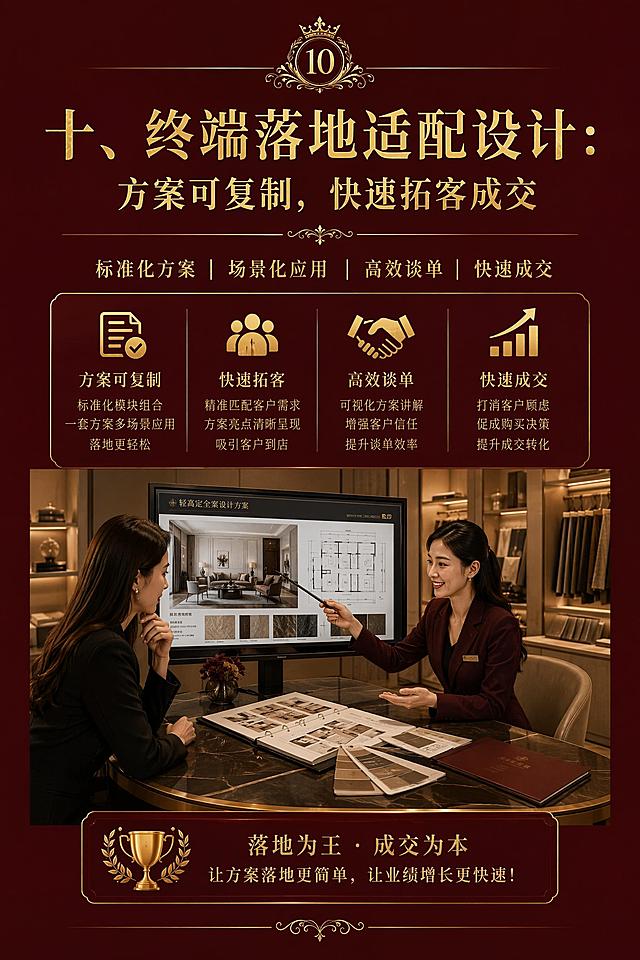中小全屋定制工厂·轻高定产品模式｜设计+生产落地双维度十大核心重点

核心前言：中小全屋定制工厂的轻高定模式，核心逻辑是摒弃大厂重高定的高成本、高非标、高门槛弊端，兼顾高定颜值质感与中小工厂产能、成本、交付能力。区别于低端通货的廉价感与顶级高定的高溢价，以「设计提颜值、标准化降成本、精细化做落地」为核心，依托专业设计优化产品体系，通过生产落地标准化、规范化实现量产盈利。以下从设计研发、工艺落地、生产管控、终端适配全维度，梳理十大核心落地重点，适配中小工厂轻量化、可复制、高盈利的轻高定转型。
一、精准产品定位设计：锚定轻高定赛道，规避产能错配
从设计源头锁定产品赛道，贴合中小工厂设备、技术、产能短板，精准区分通货、轻高定、重高定三类产品体系。设计端聚焦主流轻奢、极简、奶油、简约新中式四大高流量家装风格，彻底砍掉小众异形、复杂雕花、多层叠级、极致弧形等高难度、低量产、高损耗产品。以「高阶质感、简约耐看、大众适配」为产品核心调性，主打刚需、改善型家装用户，不盲目追求全品类全覆盖，聚焦少而精的爆款产品矩阵，既保障终端颜值溢价，又完全适配中小工厂生产能力，从源头杜绝设计与生产脱节的问题。
二、模块化体系设计：标准化赋能，弱化非标压力
搭建全套轻量化、标准化柜体模块体系，是中小工厂轻高定落地的核心根基。设计端统一全系产品的柜体进深、标准层高、收口尺寸、地脚规格、孔位参数，研发通用基础柜体、标准化功能模块、万能收口构件。将衣柜、橱柜、书柜、电视柜等全品类产品拆解为可通用的标准单元，90%以上常规户型均可通过模块组合实现落地，仅10%特殊户型做局部微调。通过模块化设计，大幅减少非标定制比例，统一生产参数、物料规格，降低生产排版、下料、打孔的操作难度，有效解决中小工厂非标多、出错高、交期乱的核心痛点。
三、门板质感设计：轻工艺造高阶颜值，控本不降质感
轻高定的核心产品溢价集中在门面效果，设计遵循「轻工艺、高质感、低成本」原则。基材端优选准分子、肤感PET、哑光三聚氰胺、细麻木纹等高平整、高肌理、耐磕碰的中高端板材，淘汰廉价亮面、粗糙杂纹、易变形的低端通货板材。造型端主打极简平板、无拉手隐形设计、窄边拉直、微雕肌理等轻量化工艺，放弃复杂烤漆、立体造型、多层包覆、异形圆弧等高成本、高损耗、长工期工艺。依托色彩深浅搭配、肌理虚实对比、平整度精细化控制，用简易工艺打造媲美高端高定的视觉质感，实现低成本高颜值的产品差异化。
四、收口细节设计：精细化极简处理，拔高落地质感
高端定制的核心差距在于细节，设计端聚焦全屋收口细节标准化，打造轻高定精细化质感。统一墙板与柜体、吊顶与柜门、地面与地脚、墙角与柜体的收口方式，标准化预留伸缩缝、拼接缝、对齐缝尺寸。摒弃传统宽大收口、粗糙打胶、外露缝隙的廉价做法，采用极窄收口、隐形收口、同色收口、无缝拼接等极简细节工艺。同时设计通用型收口配件、同色封边条、配套线条，实现全屋细节统一规整，以低成本的细节优化，拉开与普通通货产品的质感差距，真正做到「细节见高定」。
五、功能系统设计：刚需化高配，提升产品附加值
轻高定不只是颜值升级，更是功能升级，设计端主打「基础标配、刚需高配、无用简配」的理念。针对用户高频使用的收纳、防潮、静音、适配性等核心需求，标准化升级实用功能：衣柜分区精细化设计、橱柜储物合理化布局、全系柜门静音缓冲、柜体防潮封边、极简五金内嵌等刚需配置做标配；智能灯光、复杂电动结构、小众特殊功能等低频、高成本配置做选配。通过功能优化设计，在不大幅增加生产成本的前提下，提升产品实用性与高端感，让终端客户直观感知产品升级价值，提升成交溢价空间。
六、五金配套设计：定标适配统一，兼顾品质与成本
五金是定制产品的核心骨架，也是区分通货与轻高定的关键，设计端建立专属五金配套标准。摒弃通货产品杂牌、混用、低配五金的模式，统一全系产品五金品牌、型号、安装规格、孔位标准，搭配极简内嵌拉手、静音铰链、加厚滑轨、微调阻尼等中高端标配五金。同时根据柜体尺寸、门板重量、使用场景，精准匹配五金规格，杜绝大材小用、高配浪费或低配变形问题。通过五金标准化设计，既保障产品使用稳定性、提升高端质感，又实现五金批量采购降本、统一安装标准、减少售后故障，适配中小工厂批量生产落地。
七、工艺落地标准化：简化复杂工序，适配中小产线
结合中小工厂设备精度、人工技术、产线规模，做工艺轻量化、标准化优化，拒绝照搬大厂重高定复杂工艺。设计端输出全套标准化工艺手册，统一封边、打孔、裁切、拼接、打磨五大核心工序标准：全系采用PUR封边、无缝倒角、精细打磨，保障门板平整度与封边质感；统一数控打孔坐标、孔位间距，杜绝人工打孔偏差；简化多层复合、异形打磨、反复修色等冗余工序。所有工艺设计均适配中小工厂现有设备，无需大额设备升级，即可实现标准化落地，降低工艺落地门槛，保障批量产品质感统一、品质稳定。
八、色系统一设计：全屋同色体系，打造整体高定效果
整体统一性是高定的核心特征，设计端搭建专属轻高定全屋同色系统，解决中小工厂花色杂乱、配色随意、全屋违和的问题。筛选10-15款主流爆款花色，覆盖木纹、肤感纯色、浅灰、奶白、深炭等主流色系，实现柜体、门板、线条、收口、五金辅件、墙板的同色配套。统一全屋配色逻辑，固定轻奢风、极简风、奶油风的专属配色方案，给到终端标准化配色模板，杜绝乱配色、杂搭配。通过全屋色彩一体化设计，打造整体规整、高级统一的家装效果，区别于通货产品拼凑感强、质感杂乱的短板。
九、生产容错设计：适配人工产能，降低损耗与售后
针对中小工厂人工操作占比高、设备精度有限、新人熟练度不足的痛点，在设计端植入容错思维。结构设计上简化复杂拼接结构，减少超薄、超长、易变形、易断裂的非标构件；尺寸设计预留合理安装容错空间，避免尺寸卡死导致安装失误；工艺设计规避高难度手工工序，优先机械化、标准化作业。同时优化板材排版设计，提升板材利用率，降低原材料切割损耗。通过前置性容错设计，大幅降低生产报废率、安装返工率、售后故障率，提升生产交付效率，压缩整体运营成本。
十、终端落地适配设计：方案可复制，快速拓客成交
轻高定模式最终服务于终端销售，设计端配套标准化落地方案库，适配中小门店、中小工厂的拓客需求。整理全屋标准化设计方案、户型通用方案、风格专属方案，固化尺寸、配色、结构、工艺标准，让终端设计师可快速套用、微调出图，无需每次从零设计。同时统一产品卖点、展示标准、落地效果标准，让终端展示、客户谈单、现场落地高度统一。通过可复制的设计体系，降低终端设计门槛、缩短出图周期、提升方案落地成功率，解决中小工厂「设计慢、落地乱、成交难」的终端痛点，实现轻高定模式规模化复制。

请完整参考并适当导入文案章节喝内容，生成一套宣传画册，要求：画册版面时尚、唯美，背景及插图为家居与空间设计元素。
画册规格：W20cm×H30cm；
版面色调：酒红色；
字体颜色：金色；
版面页数：11P