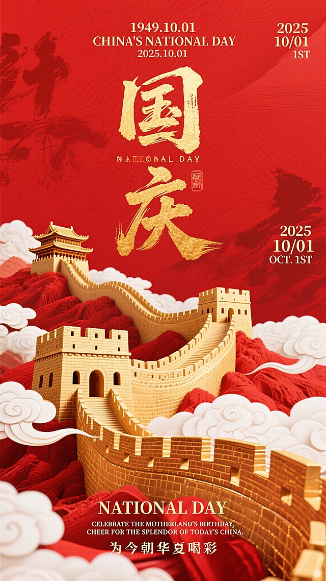 国潮风3D重拟物设计，鎏金长城浮雕于红云之上，喜庆中式感十足，彰显民族自豪与国庆盛典氛围。