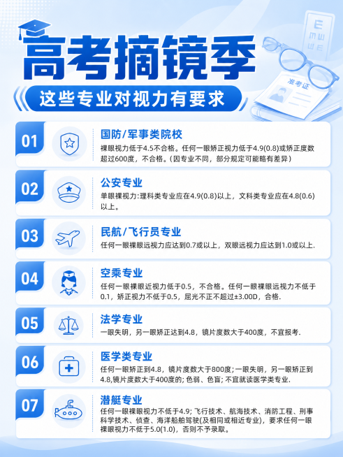 再次重新生成这张高考摘镜季对视力要求的海报，换一个设计风格，使用蓝白配色，标题更大更突出，文字排版更整齐清晰，保留全部文字内容预览效果