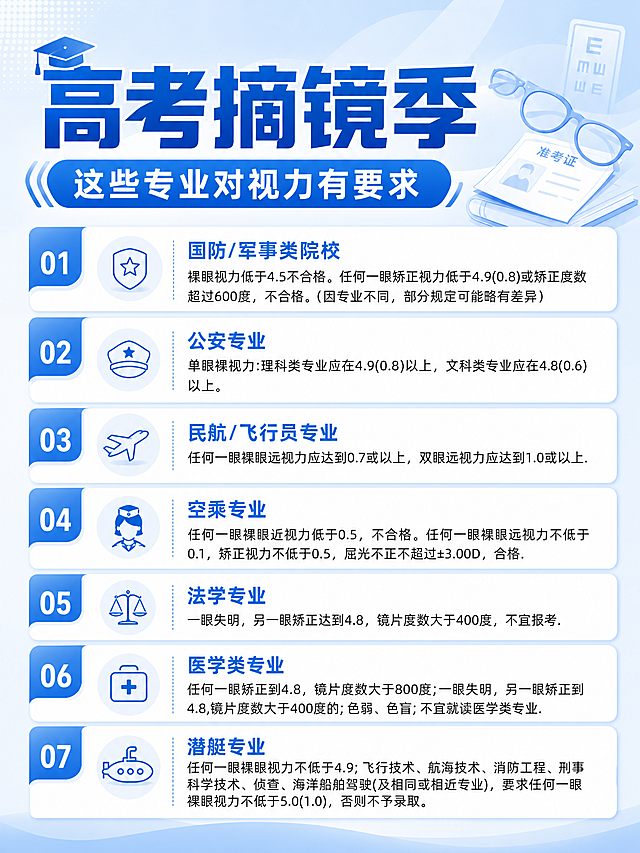 再次重新生成这张高考摘镜季对视力要求的海报，换一个设计风格，使用蓝白配色，标题更大更突出，文字排版更整齐清晰，保留全部文字内容