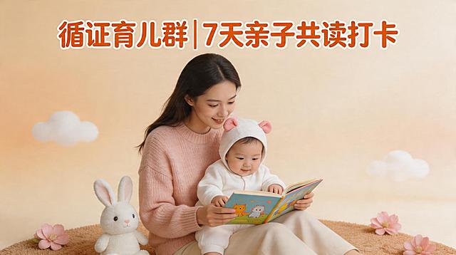 设计一张母婴读书日活动封面图，主题是循证育儿群 7天亲子共读打卡，整体风格温暖柔和，充满亲子氛围，画面中有可爱的母婴元素，清晰显示文字"循证育儿群|7天亲子共读打卡"，适合母婴群使用。