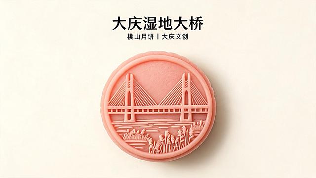 桃山月饼文创设计，月饼主体元素为大庆湿地大桥，大庆文创风格，6款月饼其中一款
