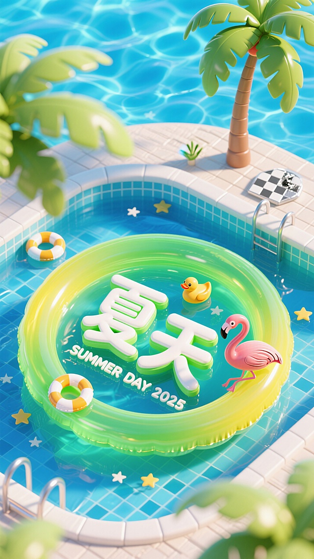 鸟瞰角度，透明绿黄绿色渐变膨胀充气，透明塑料字“夏天”漂浮在泳池内，" SUMMER DAY 2025 ”小字装饰，小鸭子、游泳圈、椰子树、火烈鸟，小银色棋盘格星星、蓝色泳池水背景，夏日晴朗氛围