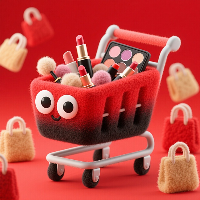 3D毛绒质感购物车拟人化设计，萌趣大眼表情搭配彩妆满载，红金配色呼应节日氛围，卡通风格与面料纹理交织，传递可爱趣味的购物狂欢感。