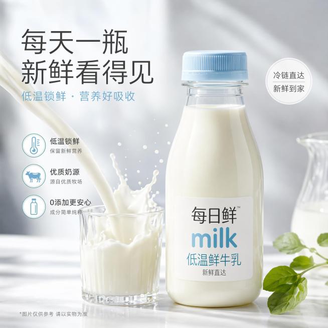 每日鲜牛奶电商主图，营养健康主题，展示牛奶质地，清新通透光影，浅灰白色调，1:1正方形构图，适配淘宝平台，突出新鲜卖点预览效果