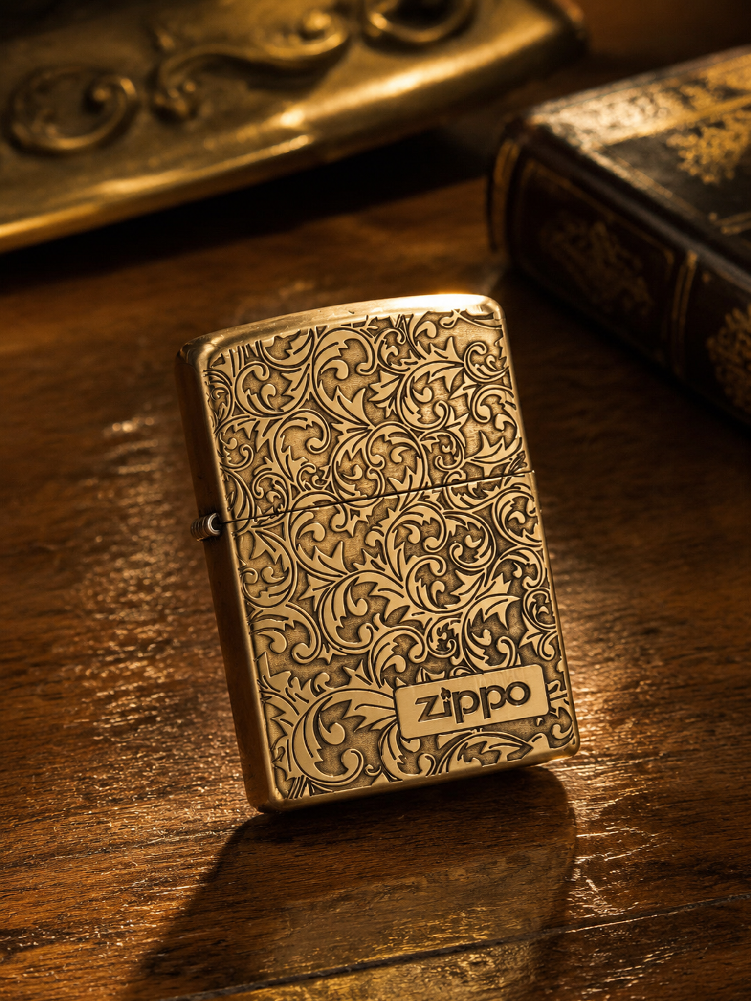 奢侈品商业静物摄影，主体为参考图同款黄铜唐草雕花Zippo打火… - 图片创意预览